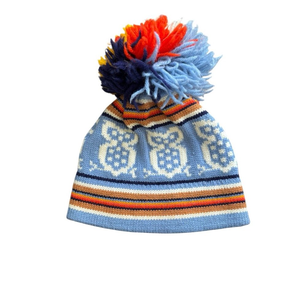 Vintage 70s  Pure Wool Pom Pom Beanie Ski Winter Owl Graphic Adult Heritage